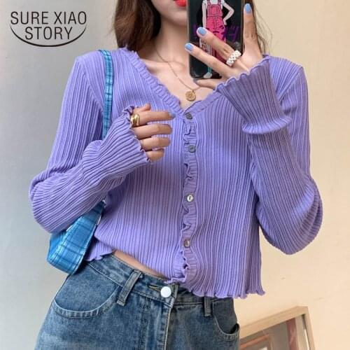 V-neck Knitted Cardigan Women Casual Ruched Short Sweaters Thin Summer Cardigan Outwear Female Long Sleeve Loose Clothes 11752