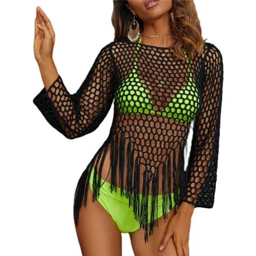 Womens Bikini Cover Ups Beach Tops Ladies Beachwear Hollow out Tassels Hem Blouse Long Sleeve Outwear Clothing