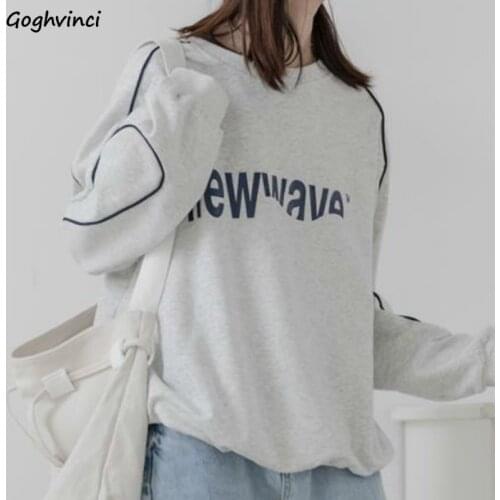 Women No Hat Hoodies Sweatshirts Pullover O-neck Letters Printed Simple Korean Trendy Big Size 2XL Loose Thicken Plus Velvet