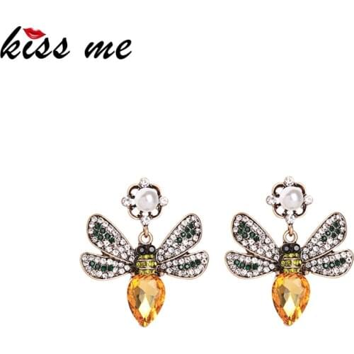 Kissme 2020 New Cute Insect Drop Earrings For Women Delicate Crystal Acrylic Pearl Vintage Gold Color Earrings Fashion Jewelry