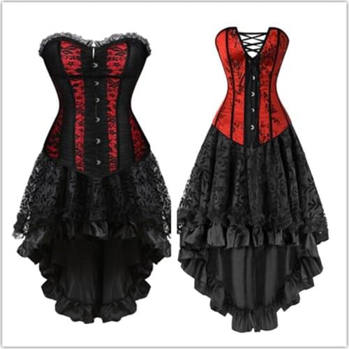 Fashion New Gothic Steampunk Corset Dress Women Costume Goth Burlesque Overbust Bustier Top With Skirt Set Outfit