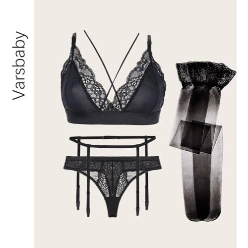 Varsbaby Women 4-Piece Set Sexy Lingerie Wire Free cross-strap bra + lace see-through thong + garter belt + stocking Black