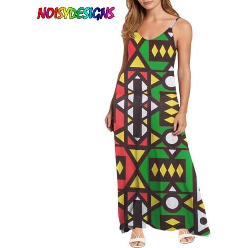 NOISYDESIGNS African Kente Prints Womens Summer Sexy Spaghetti Strapy Dress Fashion Loose Long Dresses Sling Casual Vestidos