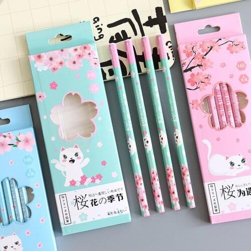 100pcscute Wood Pencail HB Kawaii Japanese Stationery Pencils Set for Kids Cat Flower Drawing Pencil for School Items Wholesale