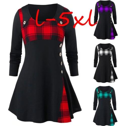 2021 Plus Size Solid Blouse Women O-neck Long Sleeve Pliad Print Tunic Shirts Button Pachwork Tops Blouse Blusas Mujer De Moda