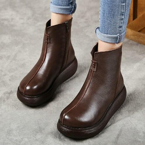 Winter Luxury 100% Genuine Leather Boots Ethnic Style Retro Thick-soled Muffin Soft-soled Short Boots Round Toe Womens Boots