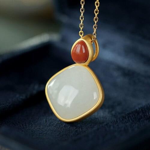 Natural Hetian Jade White Jade Geometric Pendant Inlaid S925 Sterling Silver South Red Pendant Simple Graceful Clavicle Chain Ne