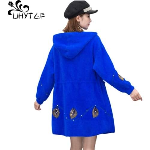 UHYTGF Women Sweaters Quality Mink Fleece Knitted Autumn Winter Coat Hooded Cardigan Female Mid-Length Casual Plus Size Top 1402