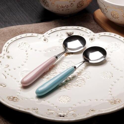 High Quality Ceramic Handle 430 Stainless Steel Spoon Rice Ice Cream Watermelon Dinner Spoons Western Food Cutlery Blue Pink