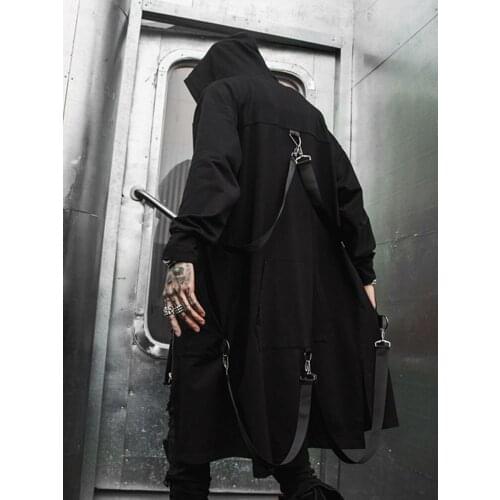 Men Ribbon Thick Casual Long Sleeve Hooded Shirt Coat Male Streetwear Hip Hop Punk Long Style Shirt Cardigan Jacket Outerwear