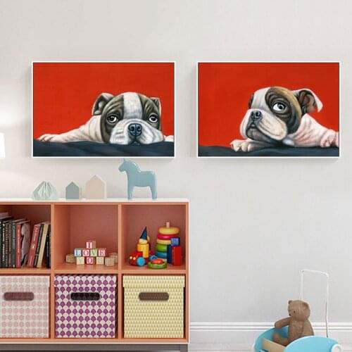 Funny Animals Canvas Painting Cartoon Bulldog Wall Art Poster and Prints Baby Nursery Bedroom Playroom Cute Pictures Home Decor