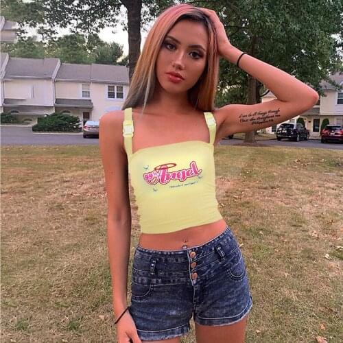 New 2020 Summer Crop Top For Women Cute Buckle Straps Sleeveless Fashion Angel Letter Print Slim Camisole Tops Yellow Streetwear