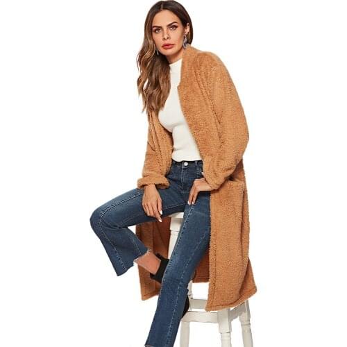New Plush Brown Coat Office Lady Long Style Blends Winter Womens Flocking Jacket