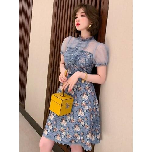 Top Quality New summer dress with printed mesh stitching and ruffle