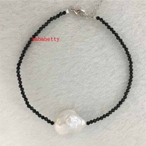 New natural black2-3MM stone Purple white about 14X18MM baroque pearl bracelet 7 inch Tibetan silver clasp lengthened 3CM
