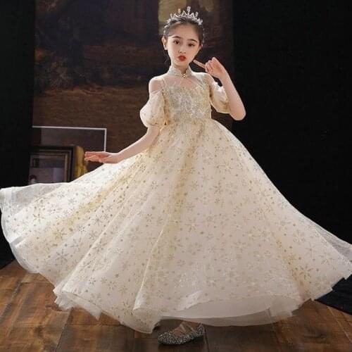 Champagne Teen Bridesmaid Dress for Girls Costume Lace Long Party Flower Wedding Dress Childrens Dress Girl Birthday Clothing
