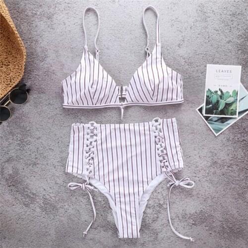 Striped Sexy summer women biquini sportwear Bandgae lace up Beach Swimwear Push up Padded bra high waist bathing maillot de bain