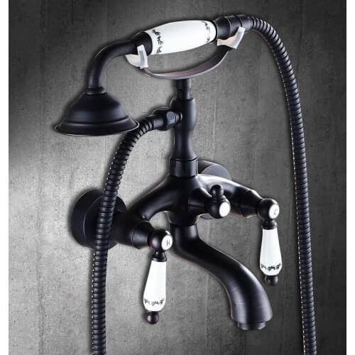 Luxury Bathroom Black Shower Set Wall Mounted Bathtub Ceramic Hand Shower Faucet Solid Brass Antique Shower Mixer Crane