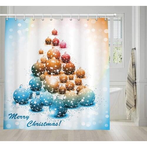 Merry Christmas Shower Curtain for Bathroom Glittering Christmas Balls Piled up in The Shape of a Xmas Tree