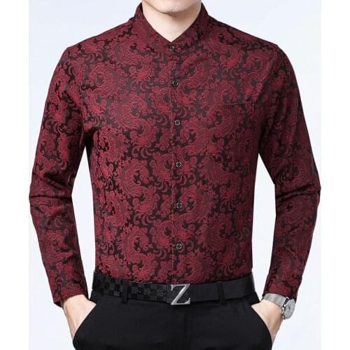 Oversize Retro Silk Shirts For Mens Burgundy Flowers Mens Shirts Large Sizes New Year Dress Chinese Mandarin Collar Shirts Blue
