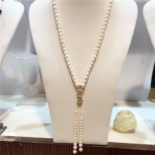 Hand knotted natural white freshwater pearl long 80+20cm sweater chain flowers gold white two styles zircon accessories necklace