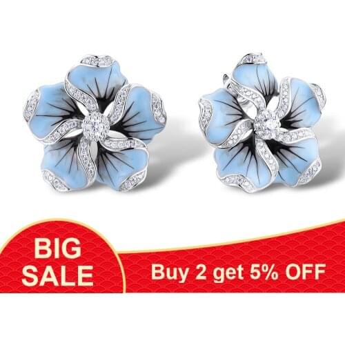 Cute Blue Epoxy Flower 925 Sterling Silver Stud Earrings for Women Korean Earrings Fashion Jewelry 2019 New