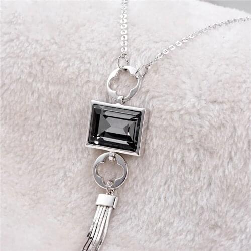 Rhinestone Square Pendant Necklace for Women Luxury Statement Jewellery 2021 Fashion Long Necklace Clover Tassel Sweater Chain