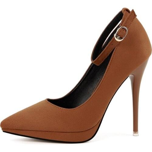 Women Pumps Spring Autumn Shallow Pointed Toe Buckle Shoes Flock 11.5CM Thin Heels High Heels Pumps Shoes Ladies