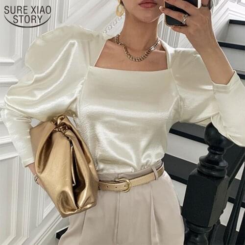 Ivory Color Puff Sleeve Blosue Square Collar Shirt Women Tops Korean Elegant Long Sleeve Glossy Shirt Silky Tops Blusas 12908