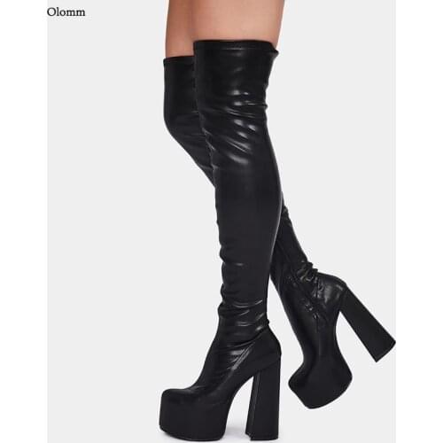 Olomm Handmade Women Spring Over The Knee Boots Side Zipper Hoof Heels Round Toe Black Club Shoes Women Plus US Size 5-15