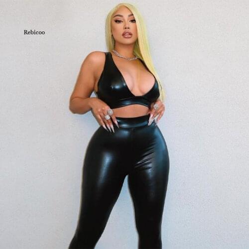 Faux Leather Two Piece Suits Women Clubwear Sleeveless Low Cut Crop Tank Top High Waist PU Leggings Sets Lady Black Sets