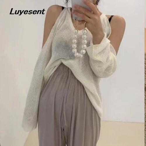 Lady Loose Casual Pullover Sweater Autumn Women Off Shoulder Backless Street Knit Sweaters Black White Khaki Korean Fashion