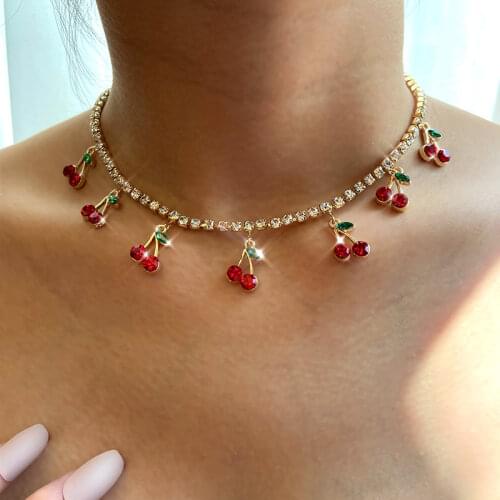 JUST FEEL NEW Crystal Cherry Pendant Necklace Girls Gold Silver Color Luxury Rhinestone Chain Choker Necklace Cute Fruit Jewelry
