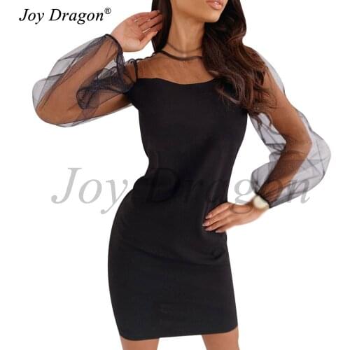 Women Party Dress New Fashion Solid Mesh Stitching See Through Waist Black Mini Dres Long Sleeve Round Neck Backless Dresses