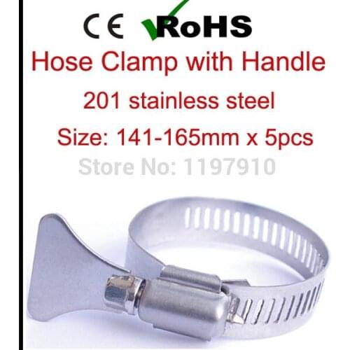 141mm-165mm x 5pcs American Style T Bolt Hose Clamp with Butterfly Handle 201 Stainless Steel Adjustable Tube Clips