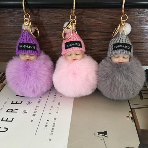 Sleeping Baby Doll Keychain Pompom Fur Ball Car Key Ring Baby Toy Women Key Holder Bag Pendant Gifts Key Chain Trinket