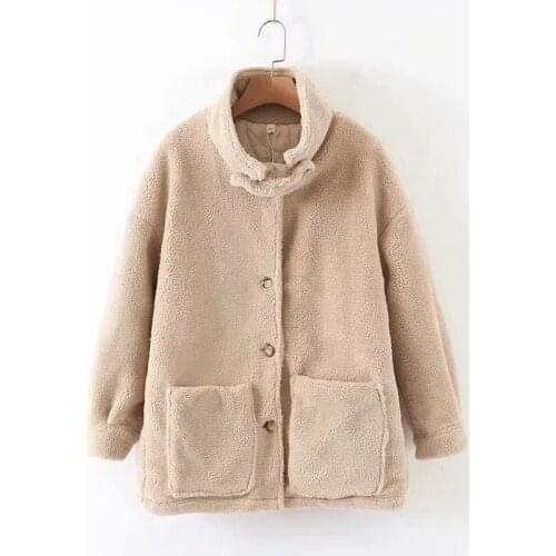 Merodi Winter Casual Turn-Down Collar Khaki Womens Warm Hairy Jackets Female Vogue Long Sleeve Pockets Outwear Plus Size Chic