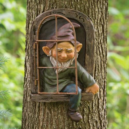 Gnome Leave The Window Whimsical Tree Sculpture Garden Decoration Mini Garden Gnome indoor Outdoor Ornament MUMR999