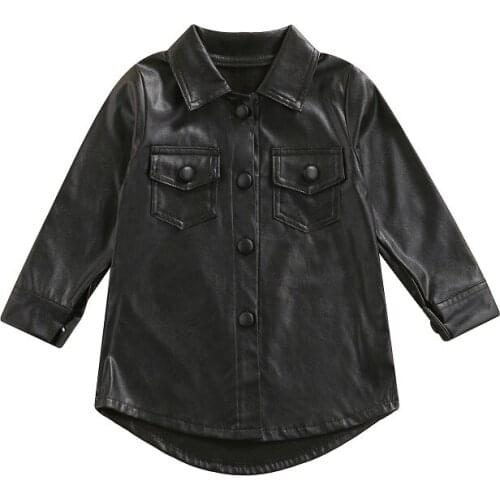 2021 Fashion Toddler Kids Baby Girl Long Sleeve Turn Down Collar PU Leather Long Jacket Outwear Coat Autumn Clothes