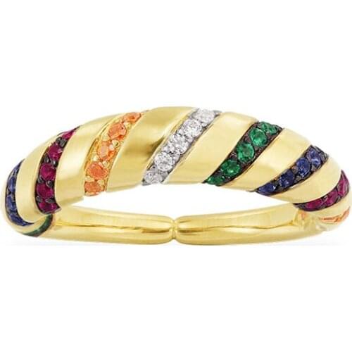 SOELLE Fashion Women Real 925 Sterling Silver Yellow Gold Color Colorful Zirconia Stripes Tribal Ring November Mana Collection