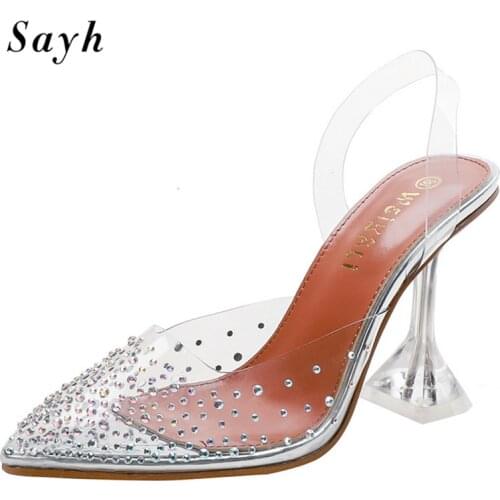 Fashion Women Shiny Rinestones PVC Sandals Pumps Pointy Toe Slingbacks Stilettos High-Heel Sandals Party Shoes