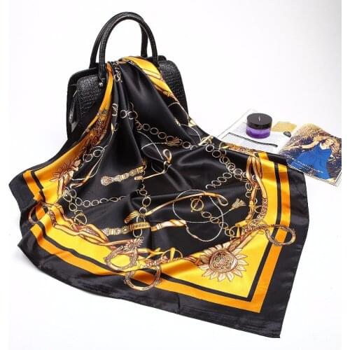 Fashion Colors Chain Satin Square Silk Scarf Women 90*90cm Polyester Hijab Head Scarf Brand Beach Cover-ups Square Scarves Wraps