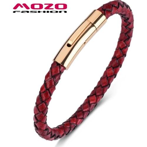 MOZO Fashion Men Bracelets Retro Red Leather Stainless Steel Gold Snap Button Bangles Women Jewelry Gifts