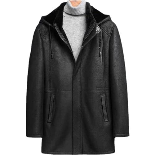 Mens Winter Thickened Fur Coat Genuine Leather Jacket Men Black Hooded Sheepskin Long Shearling Overcoat