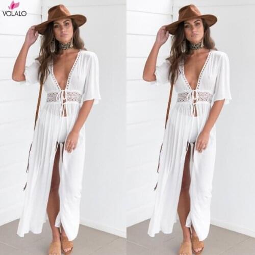 Bikini Cover Up Beach Long Maxi Dress Women Beach Cover Up Tunic Pareo White V Neck Dress Robe Swimwear Bathing Suit Beachwear
