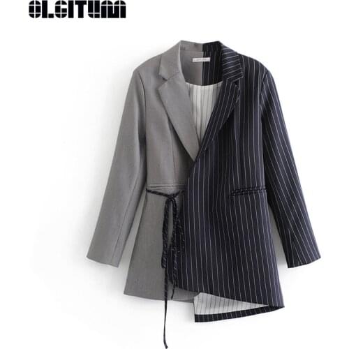 New 2020 Spring Women Blazer Jacket Color Matching Lace Waist Women Suit Jacket Women Long Coat BL044