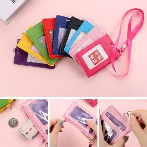 New Fashion Multi Colored Card Case With Lanyard Faux Leather Zipper Bag Wallets Photo Card Holders School Office Supplies