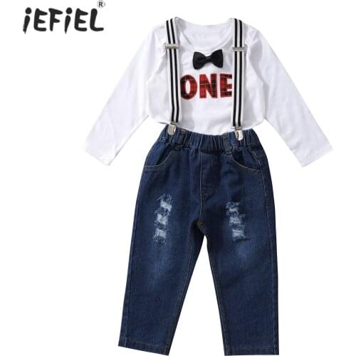 Baby Boy Clothes Summer 1st Gentleman First Birthday Party Suits Newborn Cotton One Year Romper+Straps Jeans Infant Toddler Set
