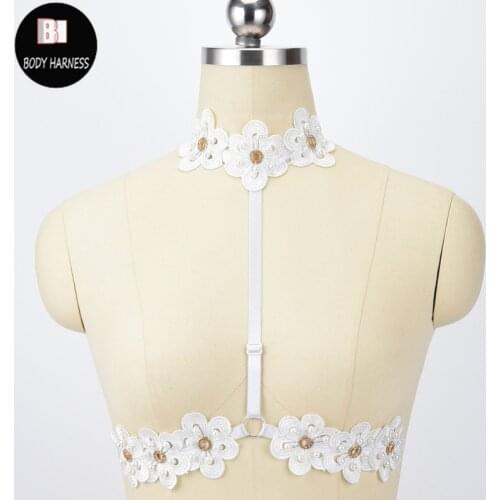 BODY HARNESS Women Wedding White Lace Flowers Harness Bondage Crop Top Wear Necklace Open Chest Cage Bra Harajuku Body Harness
