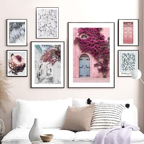 Pink Travel Poster Charming Street Canvas Painting Nordic Flower Art Print Modern Protea Wall Picture Living Room Home Decor